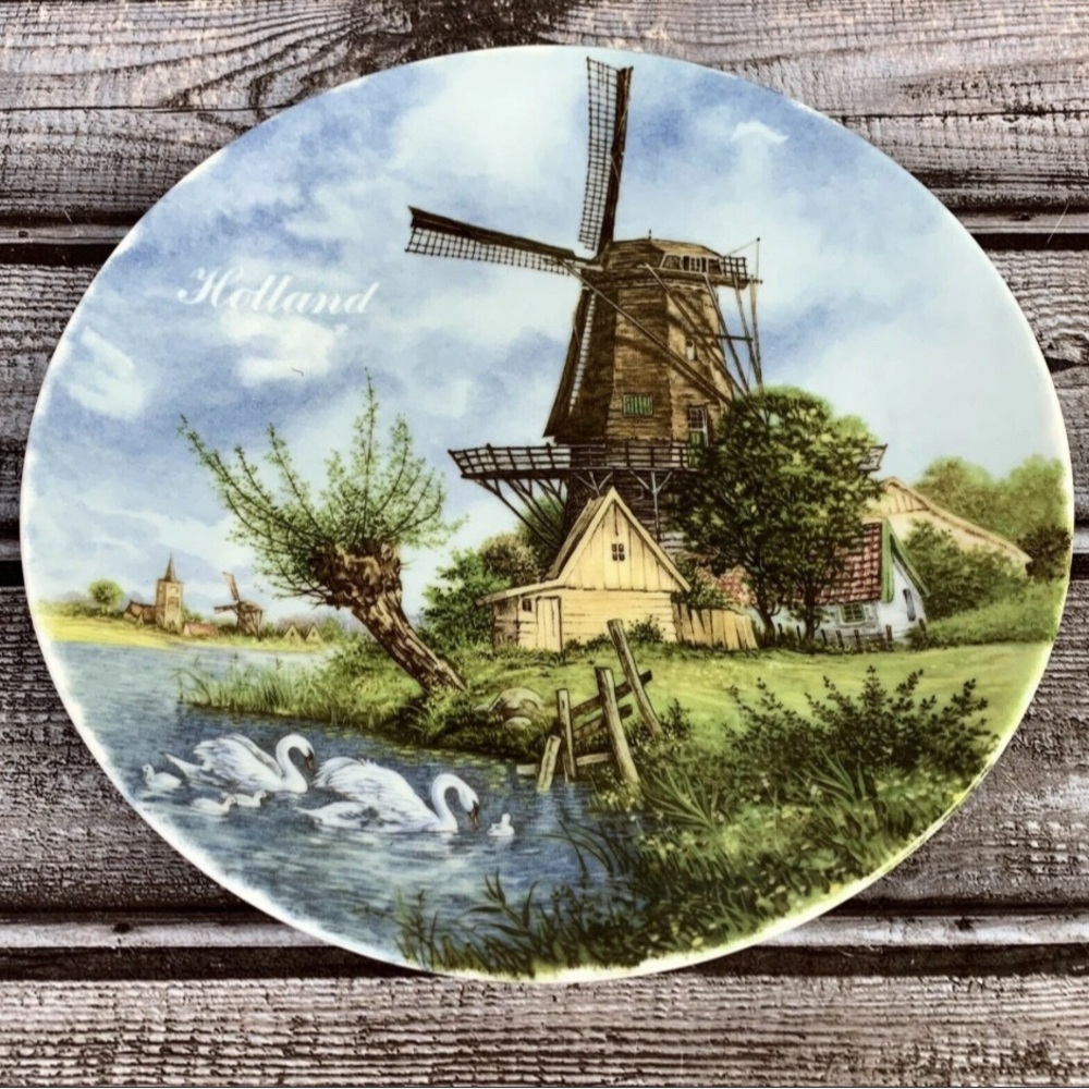 Vintage 7” Dutch Porcelain Plate Windmill Swan Royal Schwabap 1984